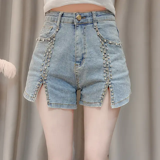 Summer Dress New Style Celebrity Heavy Industry Nail Bead Inlaid Diamond Slim Split Stretch Jeans Women''s Shorts - Shop at LoveMi
