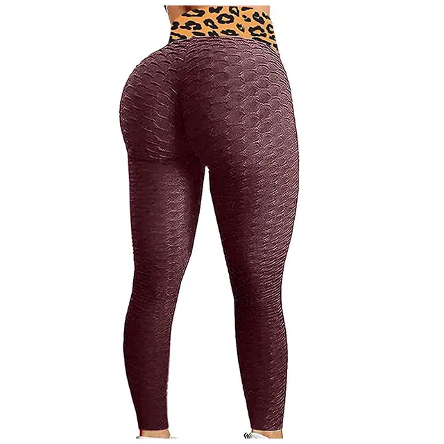 Bubble Yoga Pants High Waist Hip Sweatpants New Leopard Print Stitching Leggings Peach Hip Tights Wine Red - Shop at LoveMi