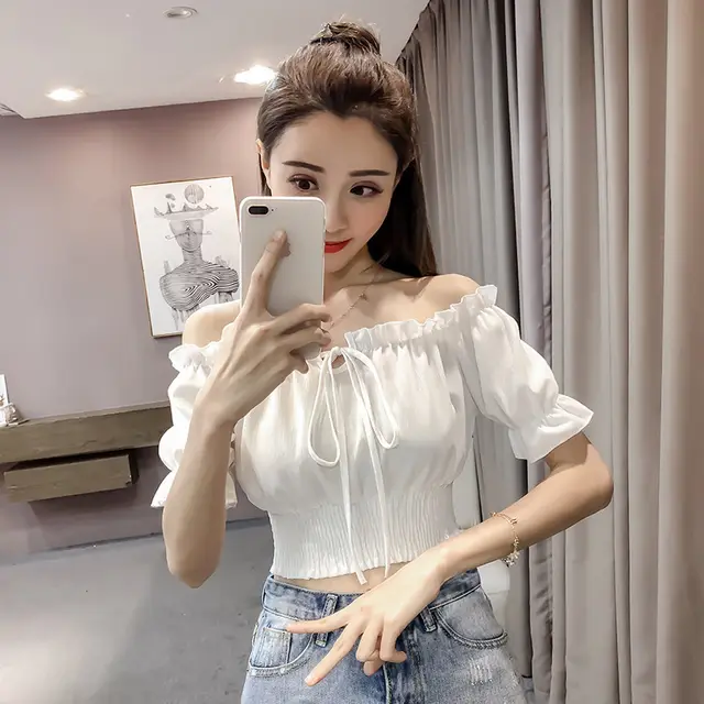 Women's Fashion Strapless Neckline Short Chiffon Shirt White - Shop at LoveMi