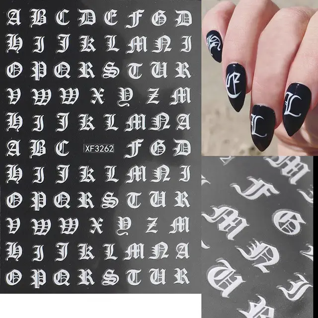 Cross Border Hot Nail Art Stickers Ins Retro Gold Plated 3D Nail Adhesive Stickers Retro English Characters Laser Silver White - Shop at LoveMi