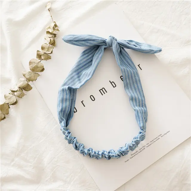 Knotted Rabbit Ears Hair Band Headband Three state Jewelry Female Denim Elastic Tie Hair Hoop Headwear Stripes Sky Blue - Shop at LoveMi
