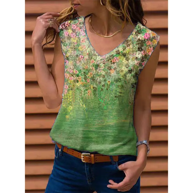 Ladies Floral Vest Sleeveless T shirt Green - Shop at LoveMi
