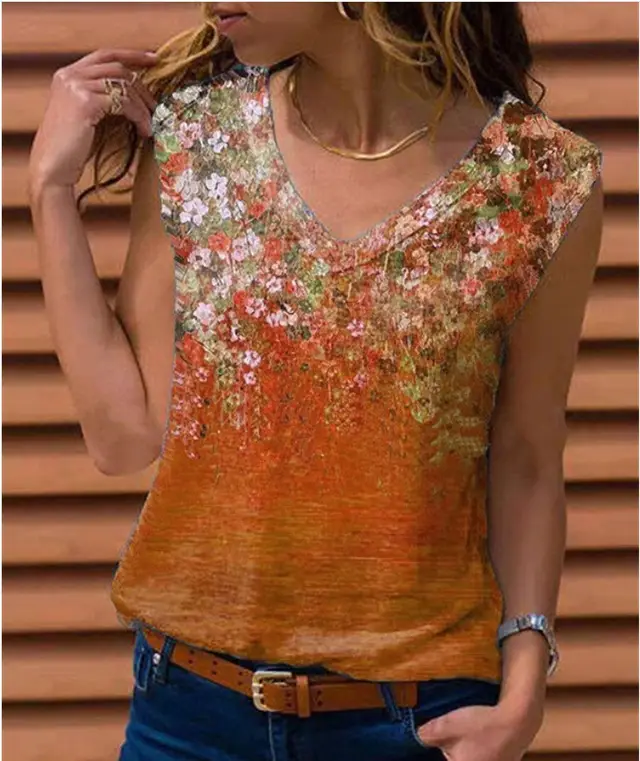 Ladies Floral Vest Sleeveless T-shirt - Orange