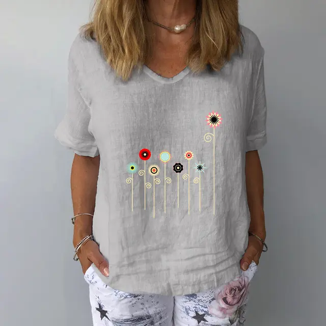 Short Sleeved Cotton And Linen Loose Casual Floral Print Women Grey - Shop at LoveMi