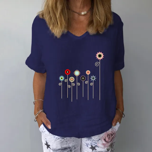 Short Sleeved Cotton And Linen Loose Casual Floral Print Women Navy Blue - Shop at LoveMi