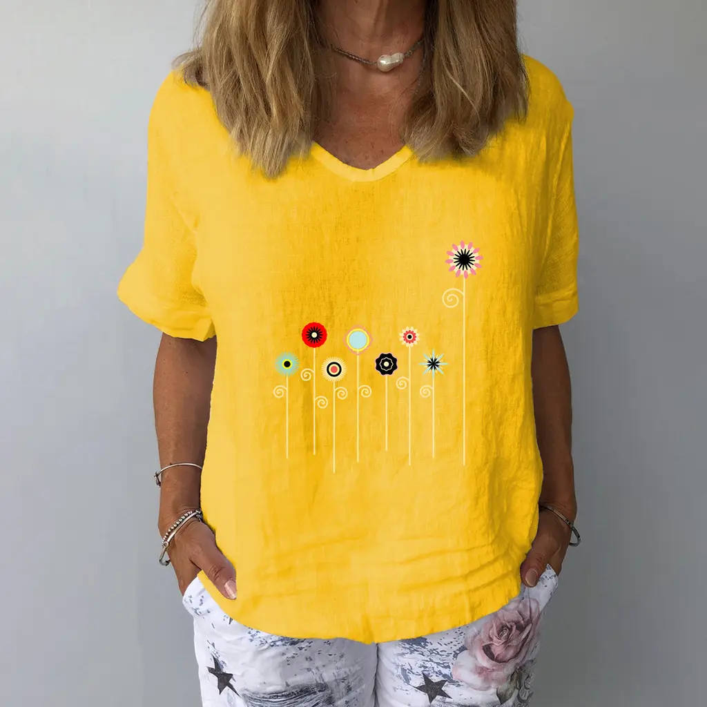 Short-Sleeved Cotton And Linen Loose Casual Floral Print Women - Yellow