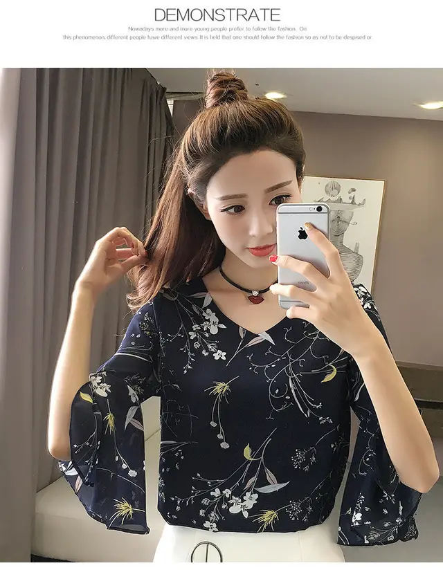 Summer Small Fresh Floral Short Sleeved Chiffon Shirt New Korean Chiffon Super Fairy Trumpet Sleeve T Shirt Top Women Blue - Shop at LoveMi