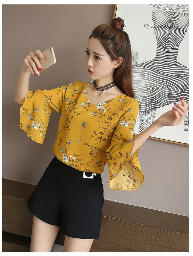 Summer Small Fresh Floral Short Sleeved Chiffon Shirt New Korean Chiffon Super Fairy Trumpet Sleeve T Shirt Top Women Yellow - Shop at LoveMi