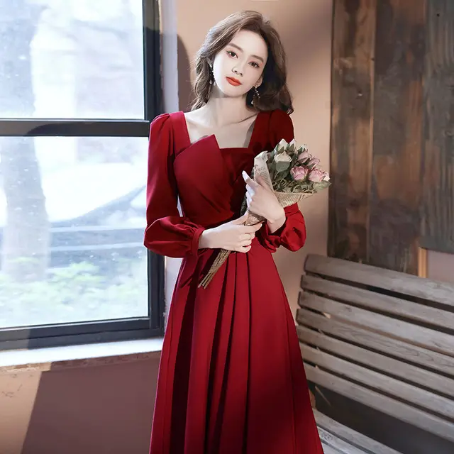 Burgundy Engagement Dress Can Usually Be Worn As A Wedding Dress Wine Red - Shop at LoveMi