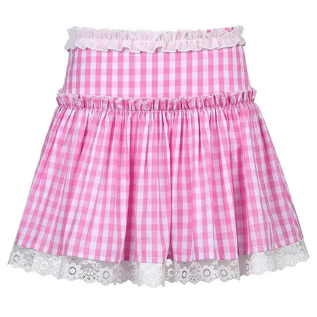 Women S Sexy High Waist Plaid Lace Pleated Skirt Skirt Pink - Shop at LoveMi