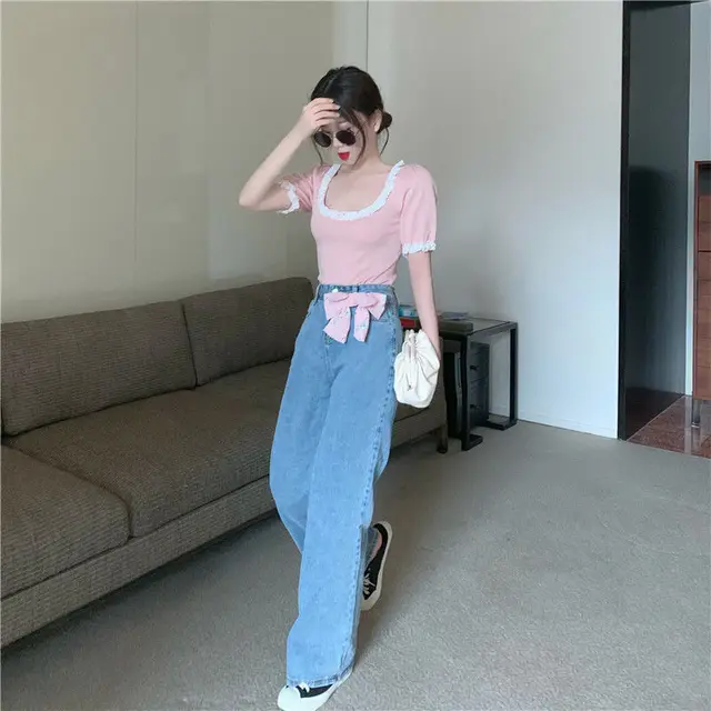 Retro Aquare Collar Stitching Lace Trim Short Sleeved T Shirt Women Pink - Shop at LoveMi