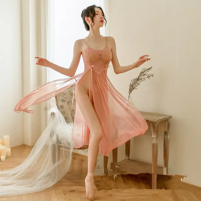 Split Stretch Mesh Plus Size Long Sexy Bathrobe Pajamas Pink - Shop at LoveMi