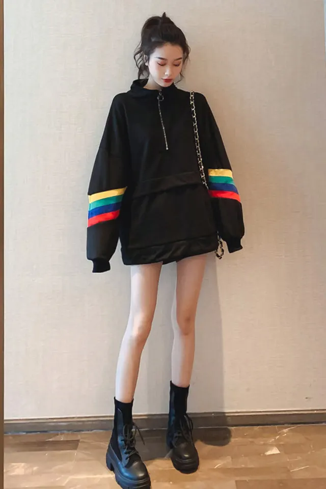 Stand Up Collar Long Sleeved Loose Sweater Women Autumn And Winter Korean Students In The Long Section Was Thin And All Match Blouse Pullover Black - Shop at LoveMi