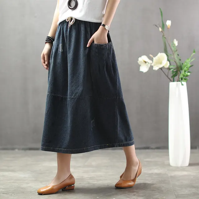 Retro Ethnic Style Washed And Polished White And Light Board Denim Skirt Dark Color - Shop at LoveMi
