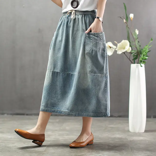 Retro Ethnic Style Washed And Polished White And Light Board Denim Skirt Light Color - Shop at LoveMi