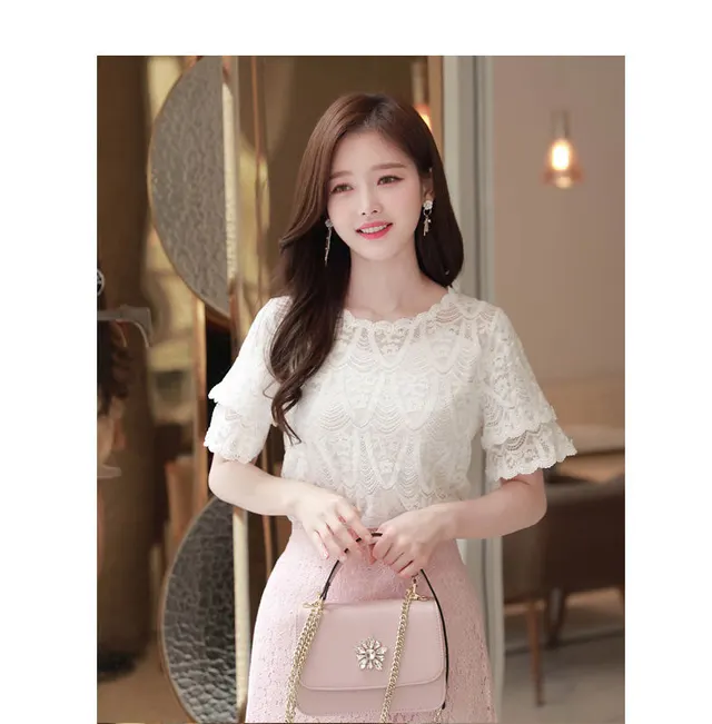 Net Red Fashion Fashion Foreign Style Summer New White Xianqi Top Temperament Hollow Out Chiffon Lace Shirt Short Sleeve - Shop at LoveMi