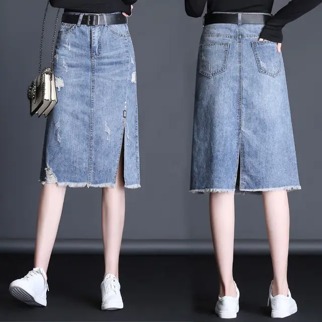Mid Length Spring Denim Skirt Plus Size Blue - Shop at LoveMi