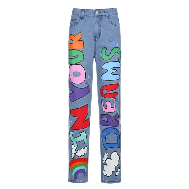 Sexy Contrast Color Letters Graffiti Print Loose Jeans Blue - Shop at LoveMi