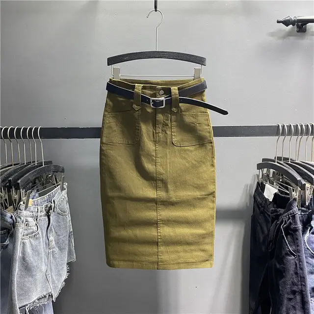 Denim Skirt Women Summer Casual High Waist Pacakge Hip Split Knee Length Ol Jeans Skirt Army Green - Shop at LoveMi