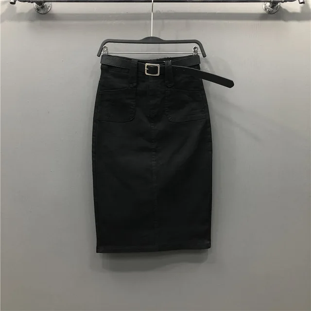 Denim Skirt Women Summer Casual High Waist Pacakge Hip Split Knee Length Ol Jeans Skirt Black - Shop at LoveMi