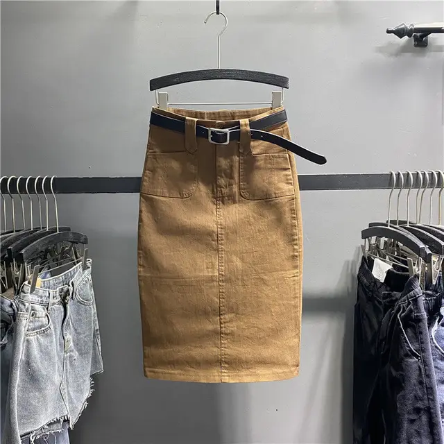 Denim Skirt Women Summer Casual High Waist Pacakge Hip Split Knee Length Ol Jeans Skirt Brown - Shop at LoveMi