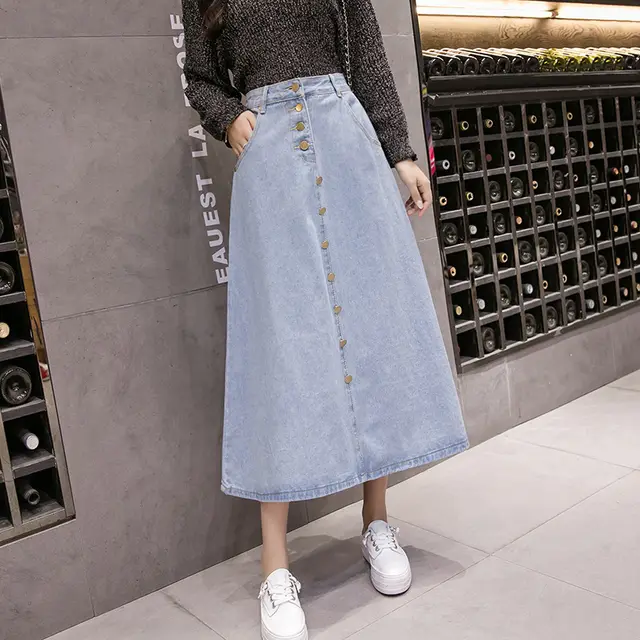 New Style Denim Big Hem Skirt Mid length Fashion Buttoned Denim Skirt Light Blue - Shop at LoveMi