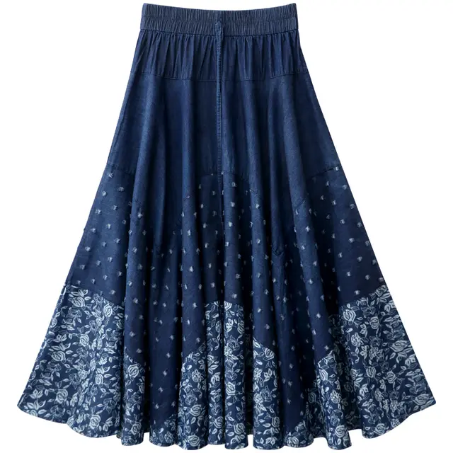 Denim Skirt Half Length Printed High Waist Skirt A Line Skirt Mid Length Large Pleated Skirt Blue - Shop at LoveMi
