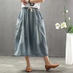 All-match Denim Skirts Are Thin, Big Pockets, Mid-length Women's Skirts, And A-line Skirts - Light Blue