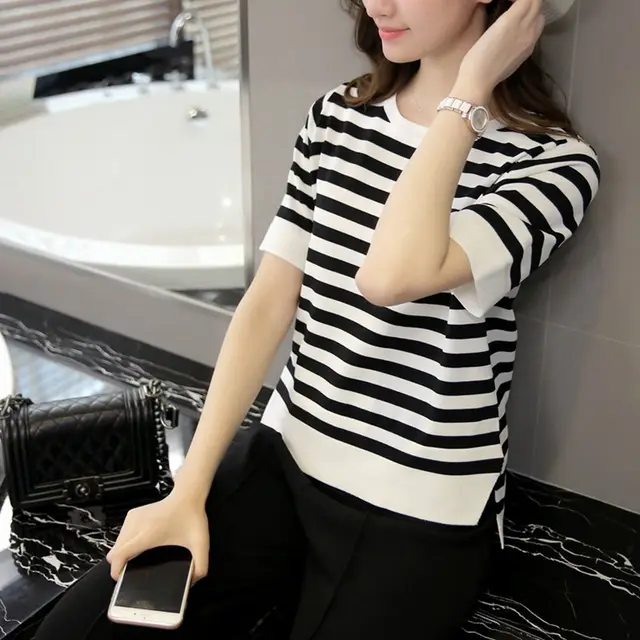 Women'S Black And White Striped Front Short Back Long Short Sleeve T Shirt White - Shop at LoveMi