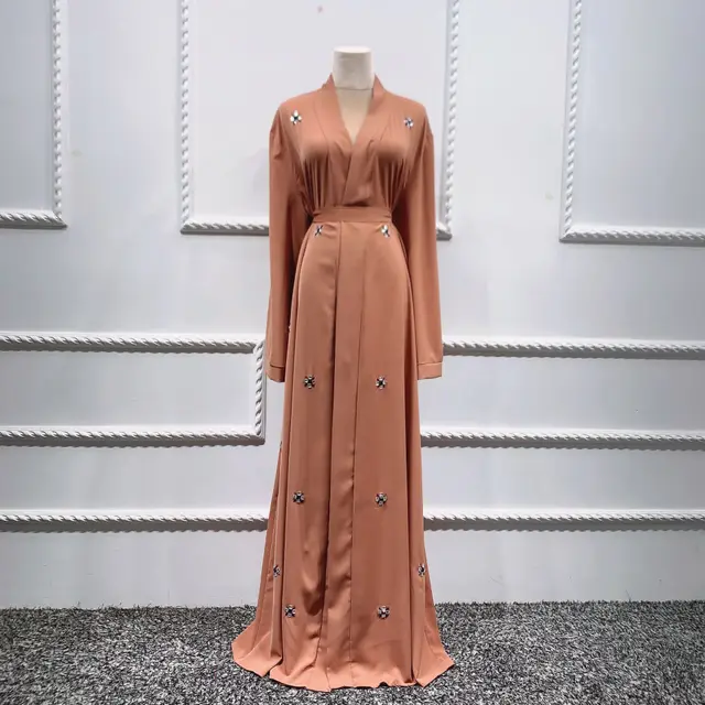 Fashion Beaded Islamic Cardigan Robe Dress Khaki Green - Shop at LoveMi