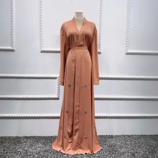 Fashion Beaded Islamic Cardigan Robe Dress - Khaki