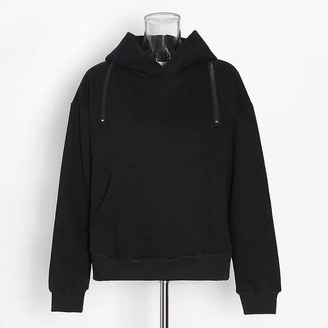 Women's Zipper Hooded Solid Color Loose Sweater Black - Shop at LoveMi