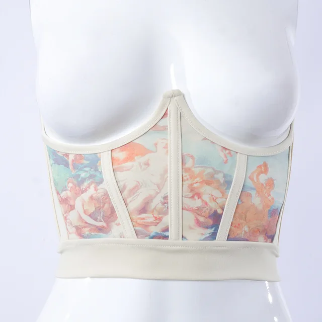Fishbone Waist Stitching Stitching Printed Crown Girdle Top Women'S Clothing Apricot Girdle - Shop at LoveMi
