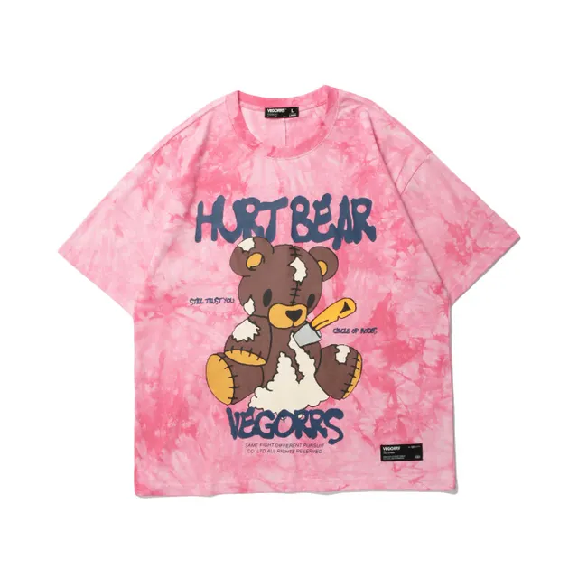 VEGORRS European And American Street Ins Summer New Tie Dye Bear Print Short Sleeved Couple Loose T shirt Male Rose Red - Shop at LoveMi