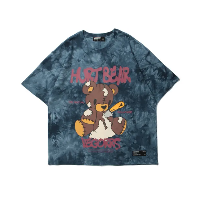 VEGORRS European And American Street Ins Summer New Tie Dye Bear Print Short Sleeved Couple Loose T shirt Male Royal Blue - Shop at LoveMi