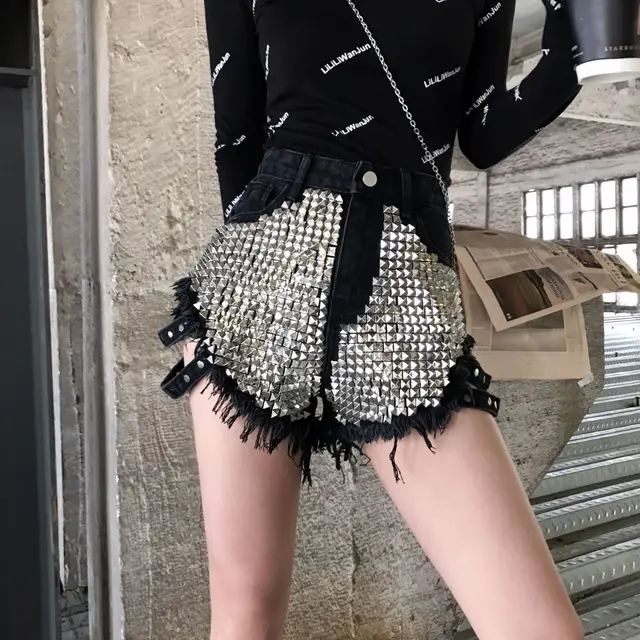 Denim Shorts With Side Studs Loose Ripped High Rise Jeans Black Full Rivets - Shop at LoveMi