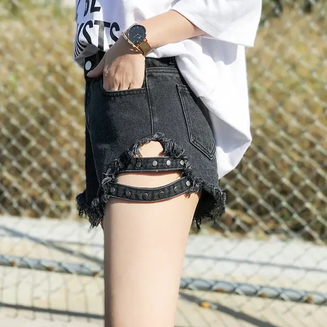 Denim Shorts With Side Studs Loose Ripped High Rise Jeans Black - Shop at LoveMi