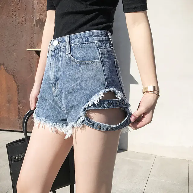 Denim Shorts With Side Studs Loose Ripped High Rise Jeans Gray Blue - Shop at LoveMi