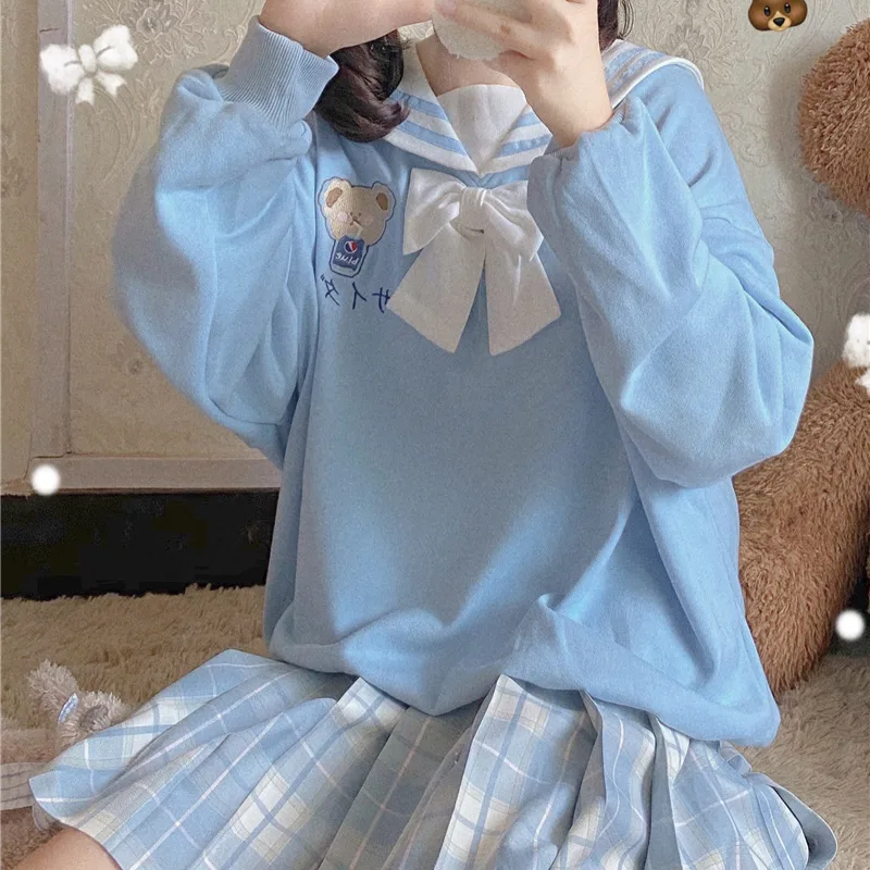 Cute Bear Bowknot Navy Collar Korean Style Loose All match Student Sweatshirt Blue - Shop at LoveMi