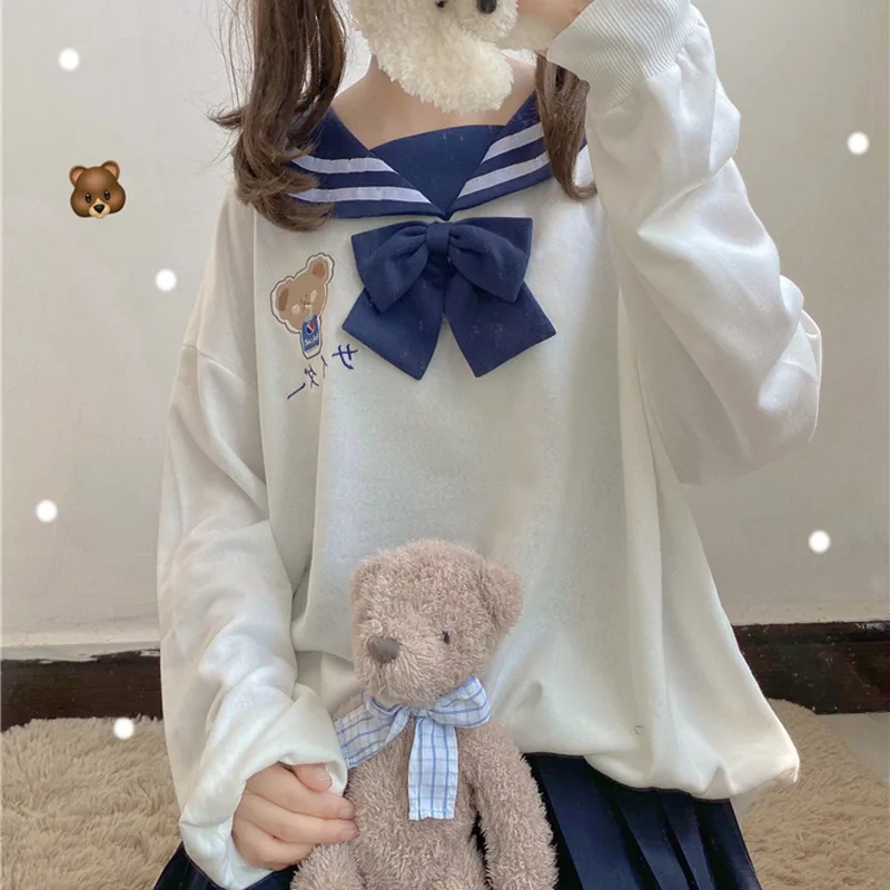 Cute Bear Bowknot Navy Collar Korean Style Loose All-match Student Sweatshirt - White