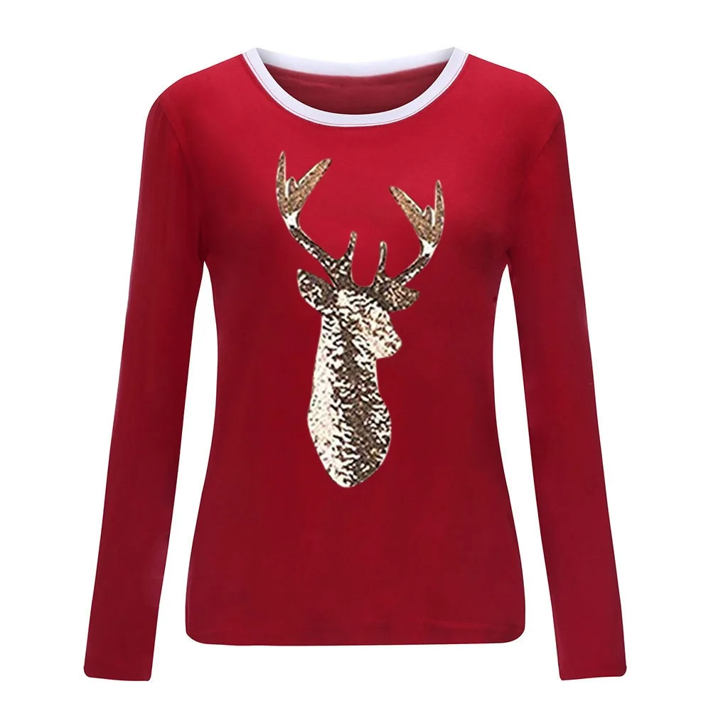 Christmas Deer Head Print Mid-Length T-Shirt - Red