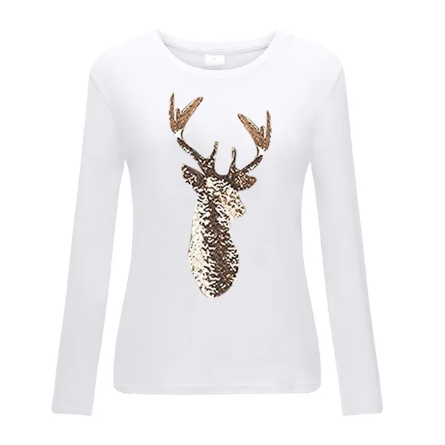 Christmas Deer Head Print Mid Length T Shirt White - Shop at LoveMi