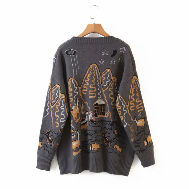 European And American Style Knitted Cardigan Printed Retro Loose And Thin Outer Sweater Coat Grey - Shop at LoveMi