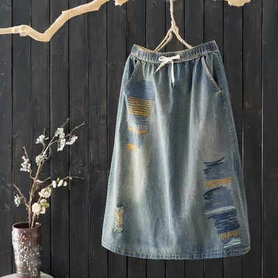 Spring And Summer New Denim A line Skirt Literary Fan Elastic Waist Embroidery Loose Light Blue - Shop at LoveMi