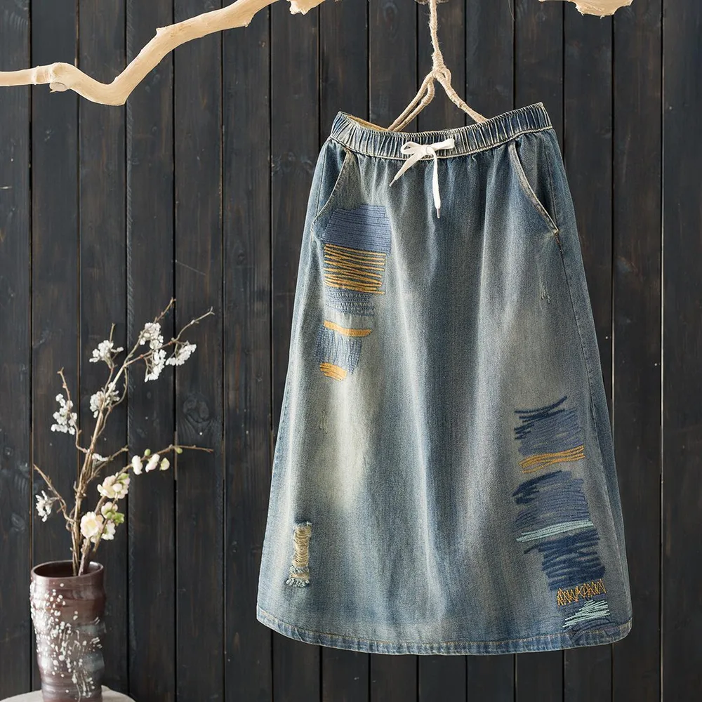 Spring And Summer New Denim A-line Skirt Literary Fan Elastic Waist Embroidery Loose - Light Blue