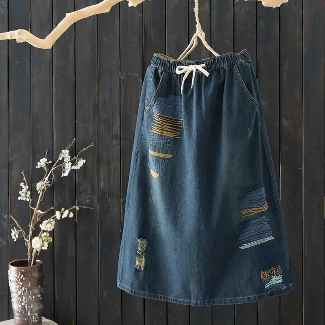 Spring And Summer New Denim A line Skirt Literary Fan Elastic Waist Embroidery Loose Navy Blue - Shop at LoveMi