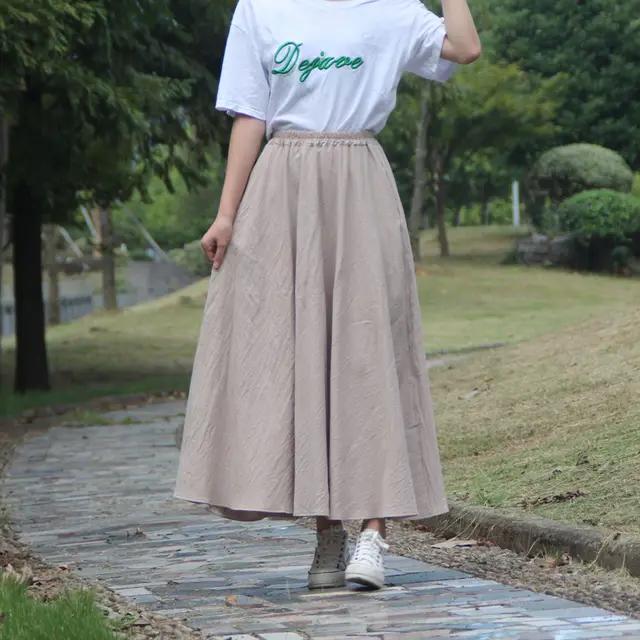Washed Cotton And Linen Skirt Solid Color Elastic Waist With Big Swing Zou Ma Khaki - Shop at LoveMi