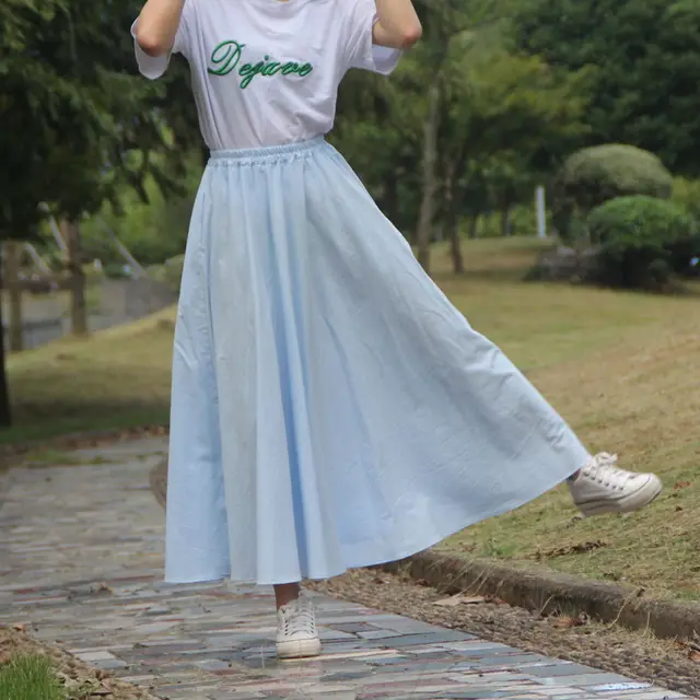 Washed Cotton And Linen Skirt Solid Color Elastic Waist With Big Swing Zou Ma Light Blue - Shop at LoveMi