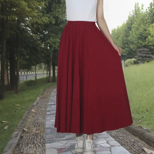 Washed Cotton And Linen Skirt Solid Color Elastic Waist With Big Swing Zou Ma Wine Red - Shop at LoveMi