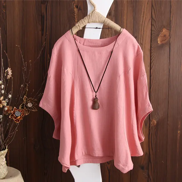 Cotton And Linen Pile Sleeves Drop Shoulder Plus Size T shirt Pink - Shop at LoveMi